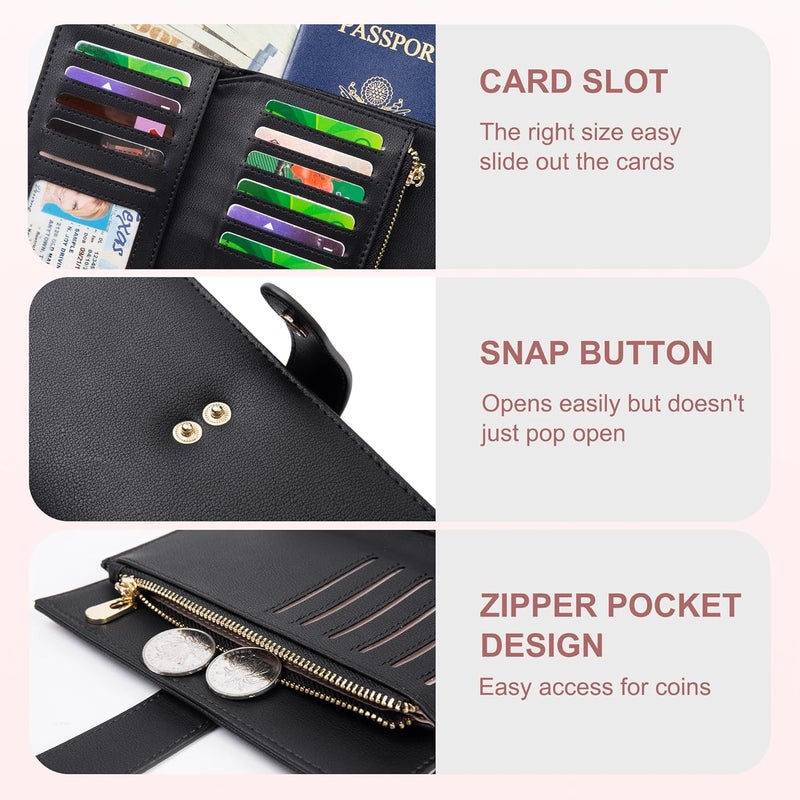 yiijay Wallet Women RFID Blocking Leather Trifold Clutch Wallet Credit Card Holder Ladies Travel Wallet Purse with Pen Holder - Image 3